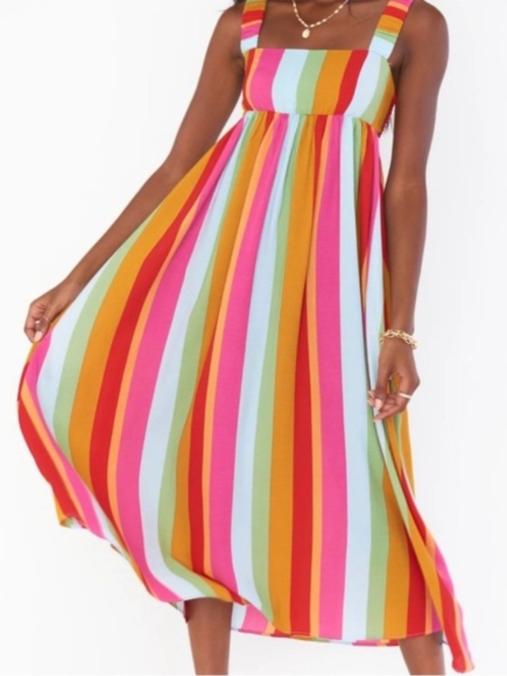 Show Me Your Mumu Multicolor Fling Midi Dress Women's Medium Rainbow Striped
